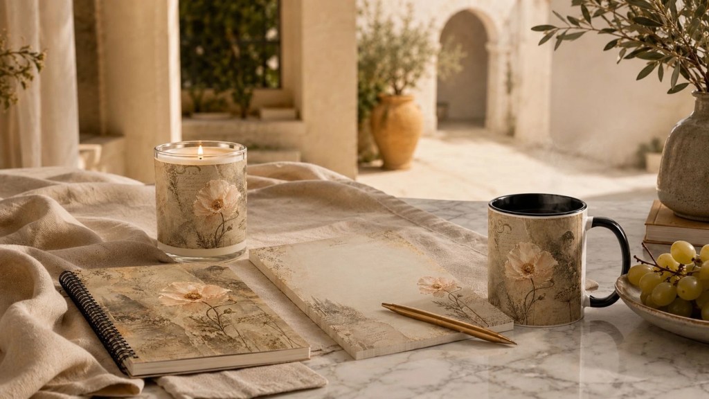 Botanical Vintage Writing Collection hero image featuring a floral notebook, vintage notepad, candle, and steaming coffee mug styled on a Mediterranean terrace table with soft linen and grapes.