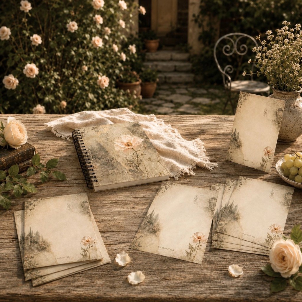Botanical Vintage Writing Collection flat lay featuring floral notecards, vintage notebook, linen fabric, roses, and Mediterranean garden styling on a rustic wooden table.