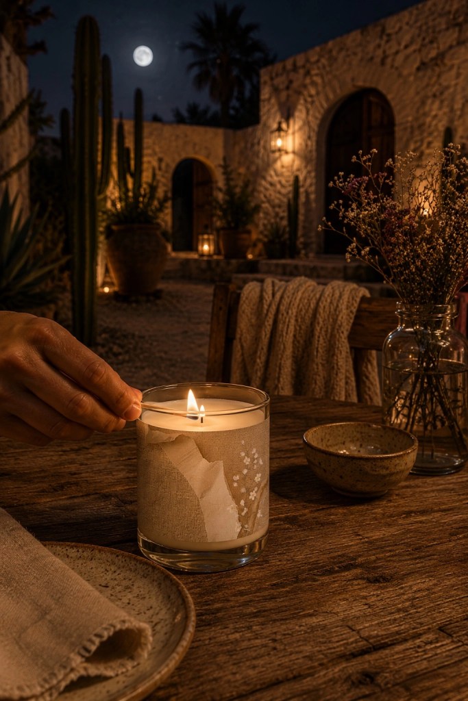 Neutral linen-inspired candle glowing on a rustic wooden table in a Baja California Sur hacienda courtyard at night with lantern light, desert plants, moonlight, dried wildflowers, and a cozy woven shawl draped over a chair.