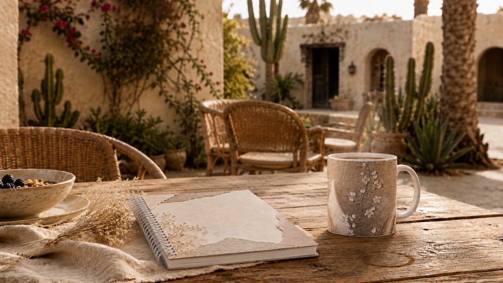 Soft neutral notebook and floral ceramic mug resting on a rustic wooden breakfast table in a Baja California Sur courtyard with woven chairs, desert plants, warm golden light, and relaxed hacienda textures.