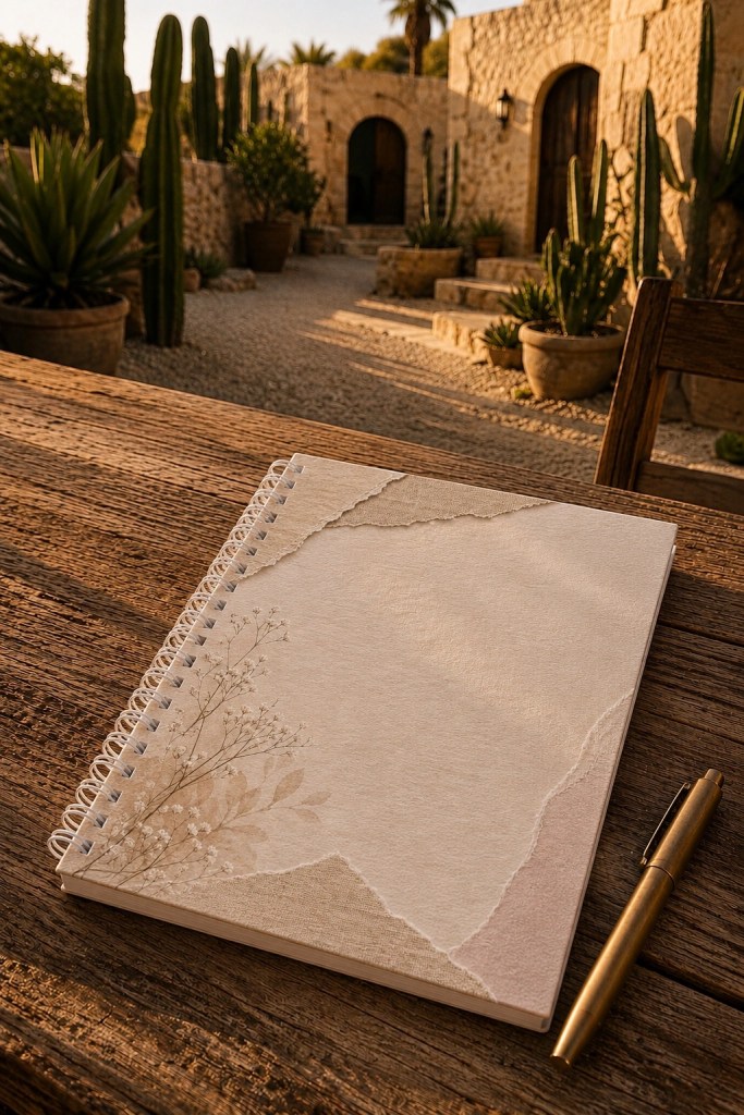 Neutral linen-inspired spiral notebook resting on a rustic wooden table in a Baja California Sur courtyard with cactus gardens, pale stone walls, warm golden light, and a brass pen beside it.