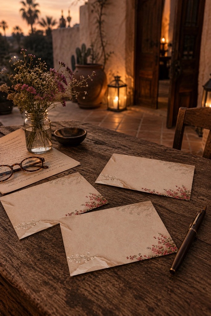 Floral neutral envelopes scattered across a rustic wooden table in a Baja California Sur hacienda courtyard at dusk with lantern light, handwritten notes, reading glasses, and desert wildflowers.