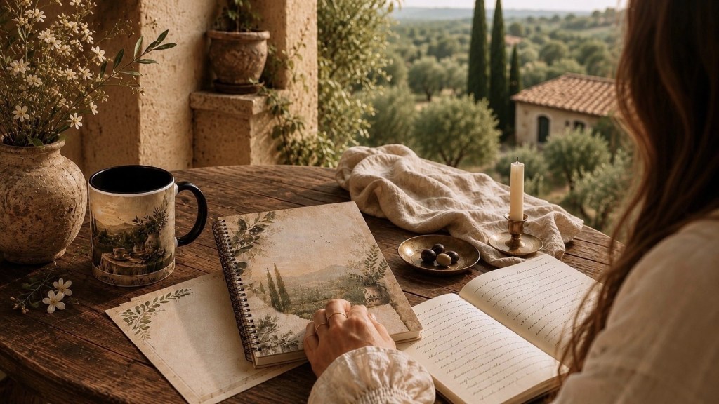 Woman journaling at a rustic Mediterranean terrace table with olive grove notebook, ceramic mug, and letterhead stationery during golden hour.