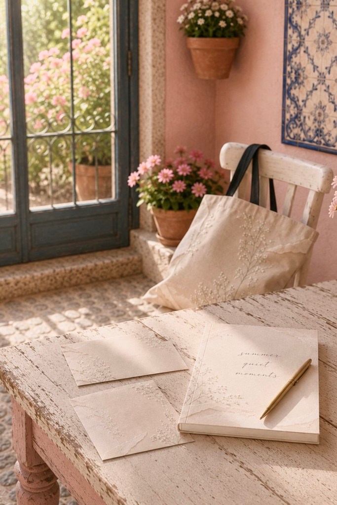 Soft neutral stationery set with tote bag, envelopes, and notepad in a blush pink hacienda courtyard