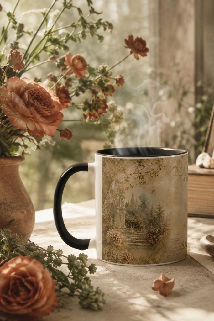 Vintage botanical coffee mug styled with warm terracotta florals, rising steam, and soft Mediterranean morning light in a rustic hacienda setting.