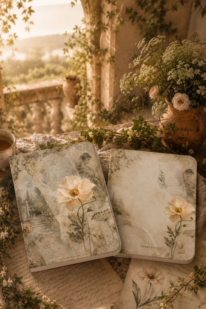 Vintage botanical pocket notebooks styled in a romantic hacienda garden setting with wildflowers, handwritten papers, and warm Mediterranean sunset light.