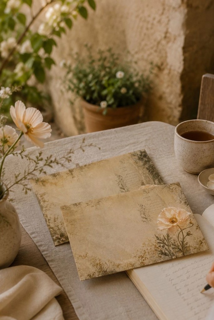 Vintage botanical writing paper and envelope set styled on a warm Mediterranean breakfast table with coffee, soft florals, and handwritten journal details.