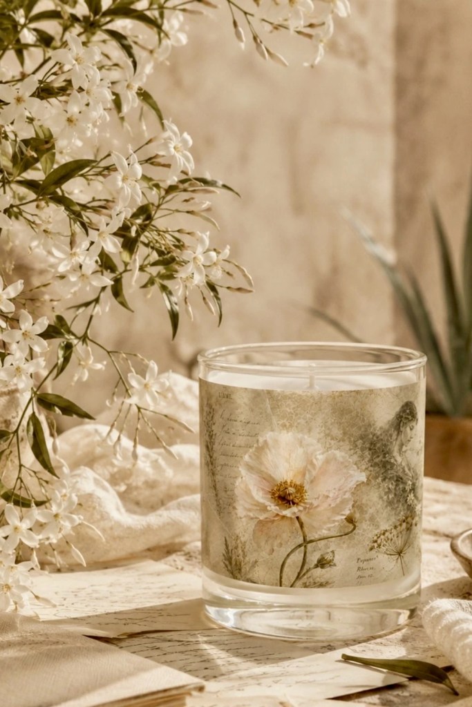 Vintage botanical candle featuring a soft blush poppy flower design styled beside jasmine blossoms, handwritten papers, and warm Mediterranean light.