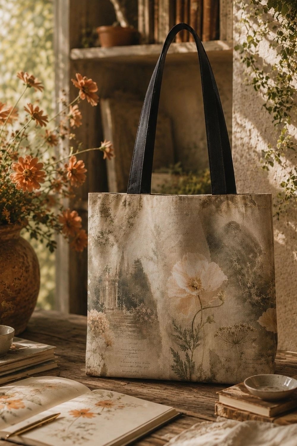 Vintage botanical tote bag featuring soft blush poppy artwork styled in a warm Mediterranean hacienda setting with terracotta florals and rustic wood textures.